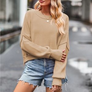 Crew Neck Ribbed Knitted Outseam Sweater in Khaki